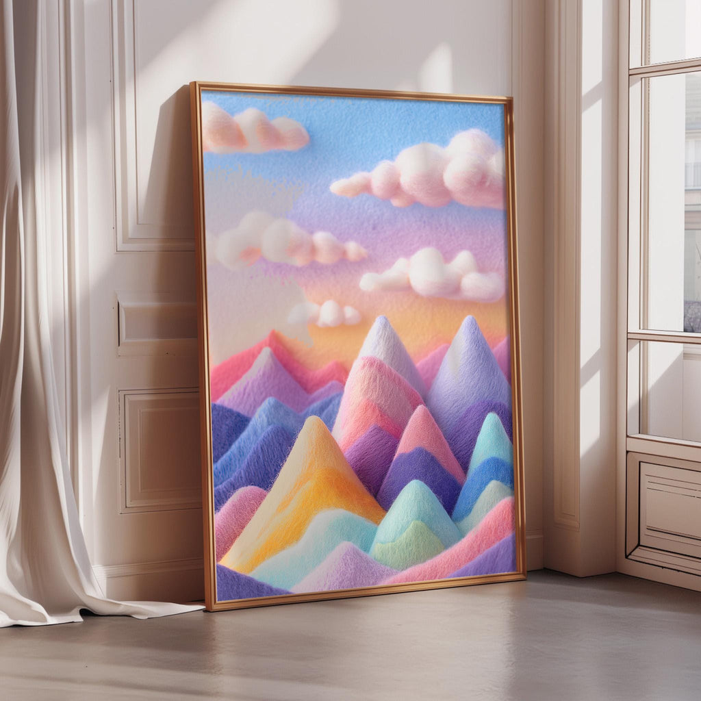 A large framed painting depicting a vibrant, colorful mountain landscape with fluffy clouds in the sky.