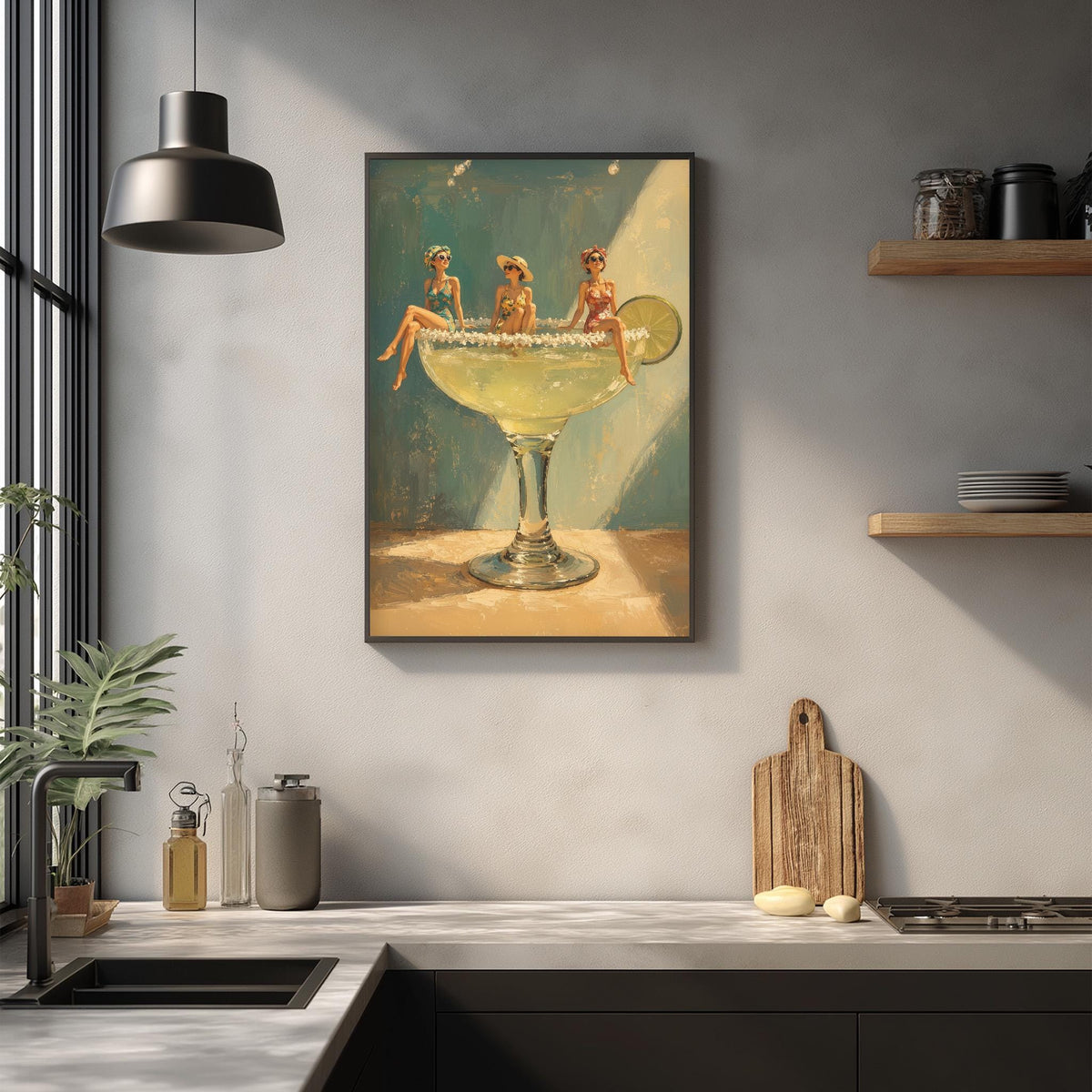 a framed painting of three women sitting in a glass of margarita on a kitchen counter.