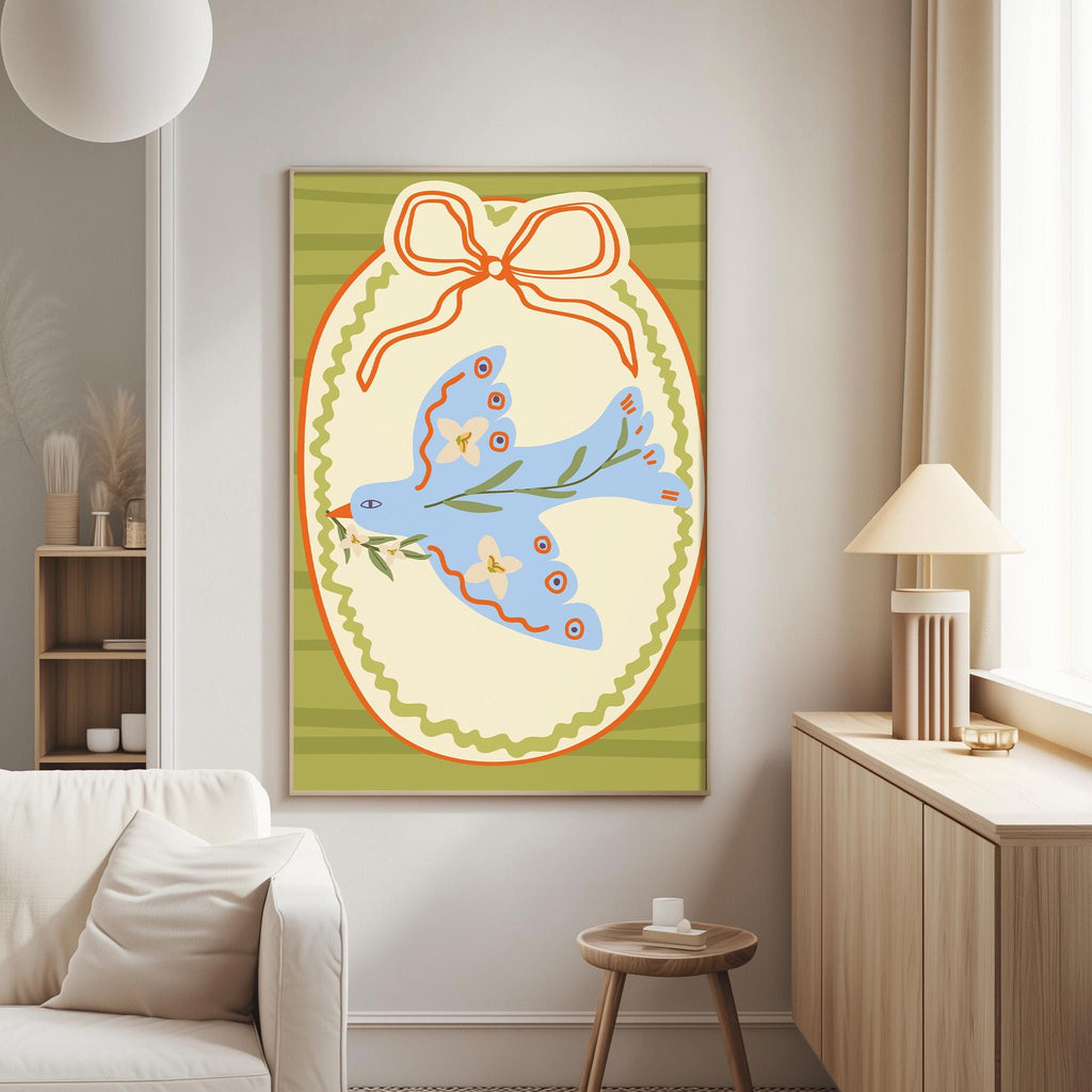 a large, colorful painting of a bird on a green and yellow background, hanging on a wall in a living room.