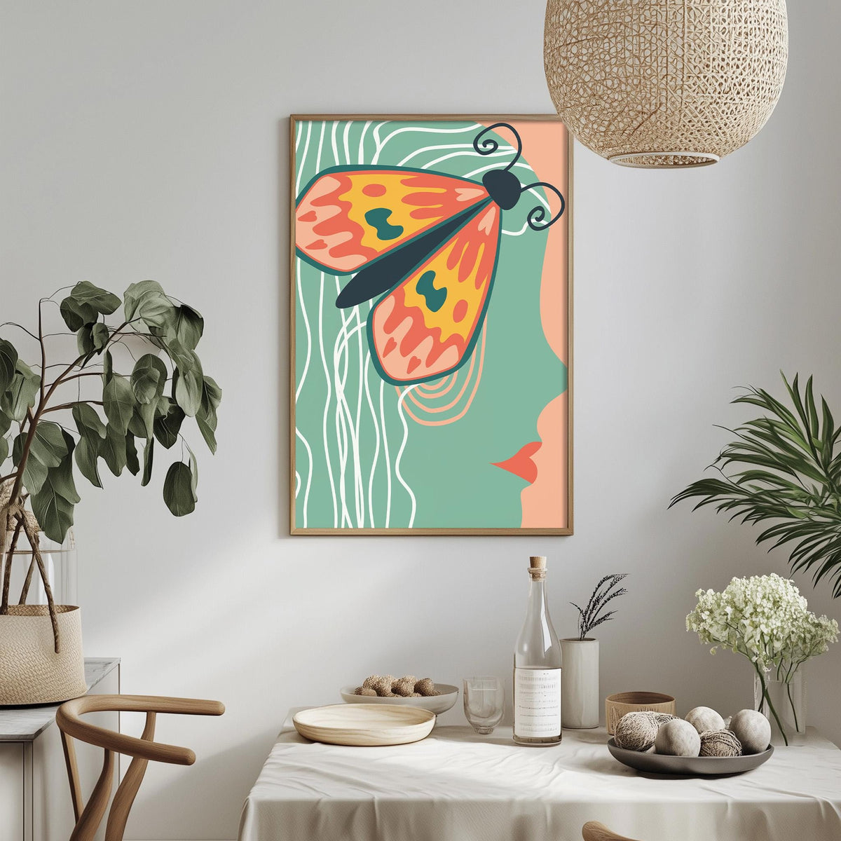 a dining table with a white tablecloth, a vase of white flowers, a bottle of wine, and a bowl of fruit. Above the table, there is a framed artwork of a butterfly with a colorful design.