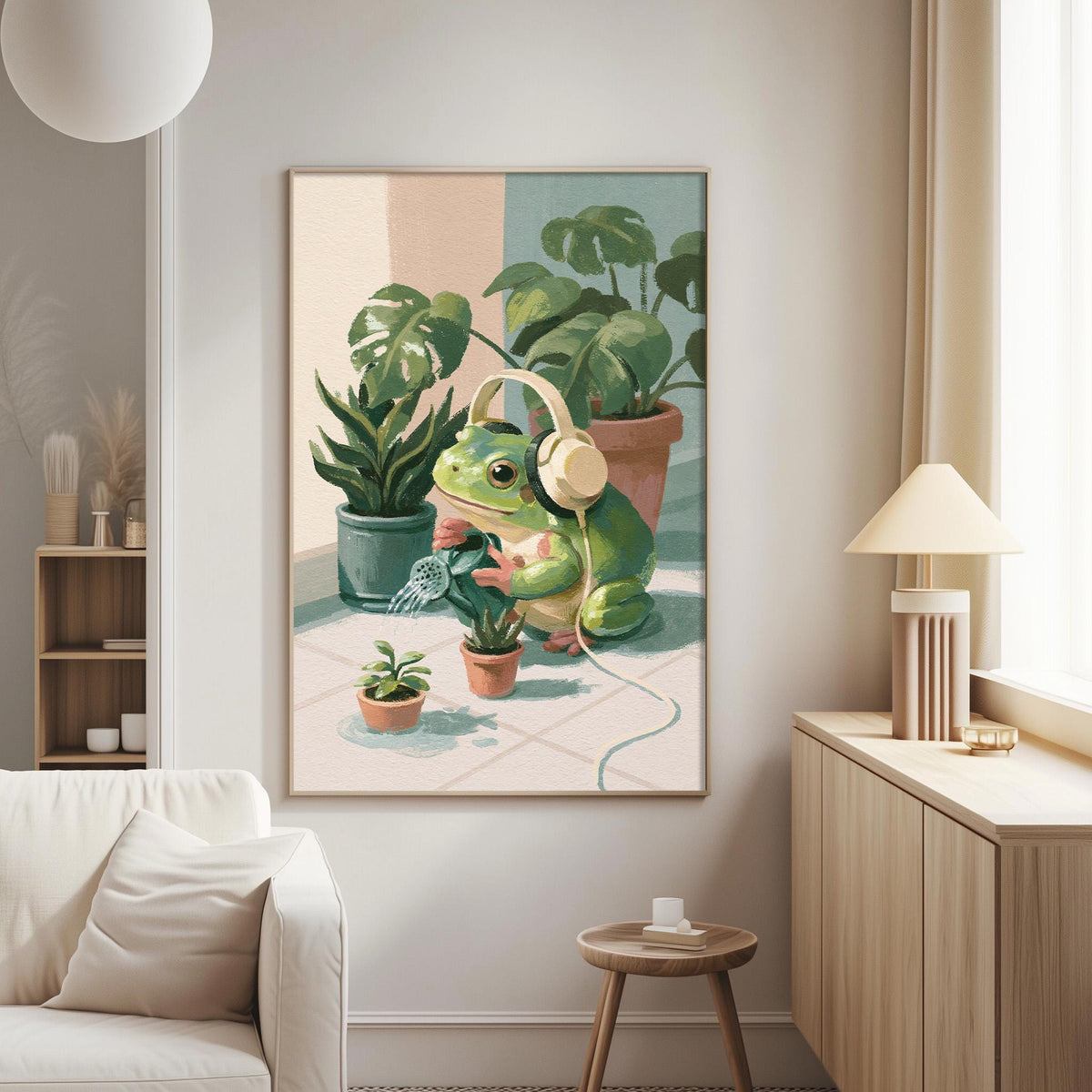 a cozy living room with a large painting of a frog wearing headphones, surrounded by potted plants and a small table.