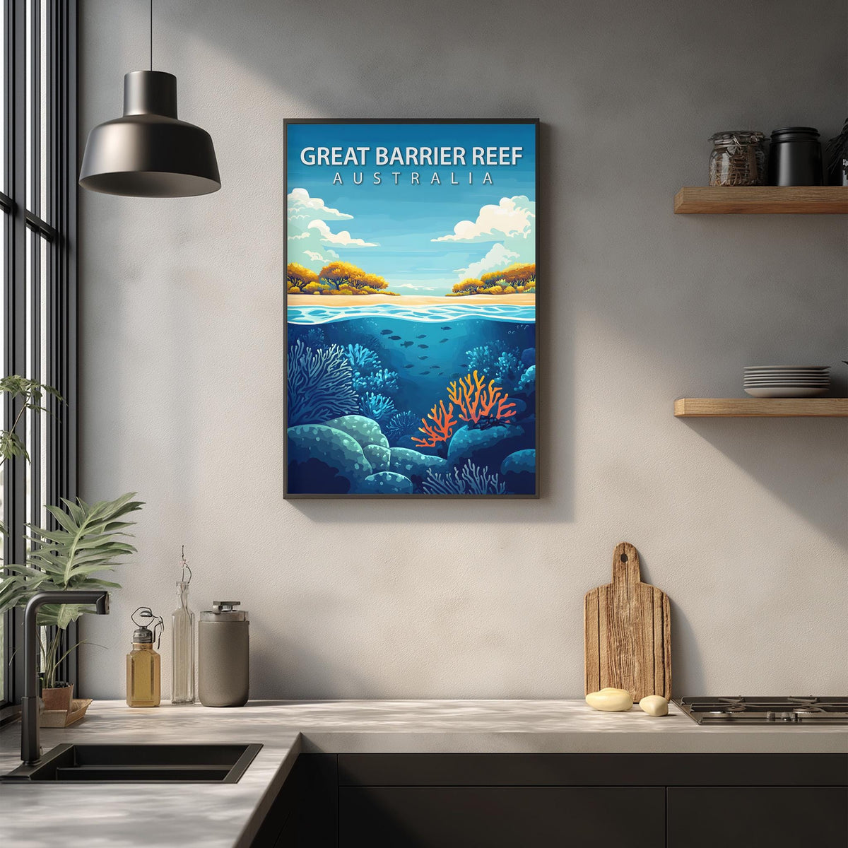 a framed poster of the Great Barrier Reef in Australia hanging on a wall above a kitchen counter.