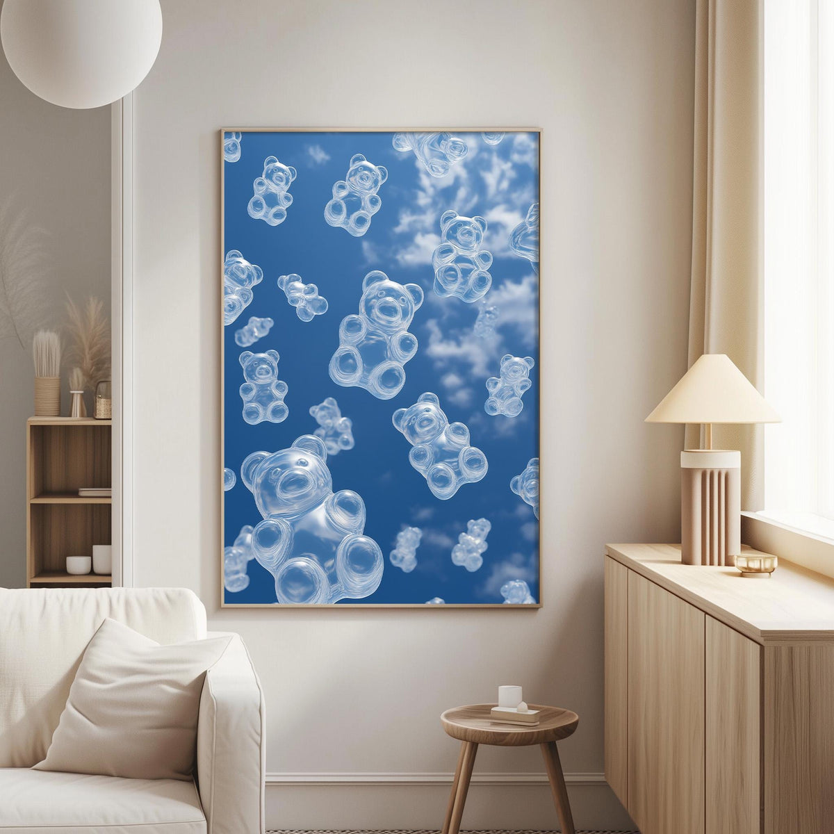a large framed poster of teddy bears floating in the sky, creating a whimsical and playful atmosphere.