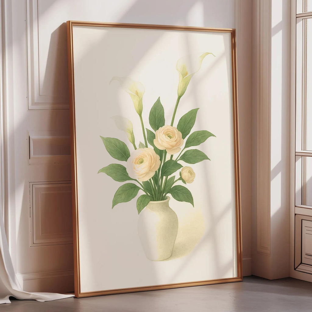 A framed painting of a vase with yellow flowers is displayed on a wall in a room with a window.