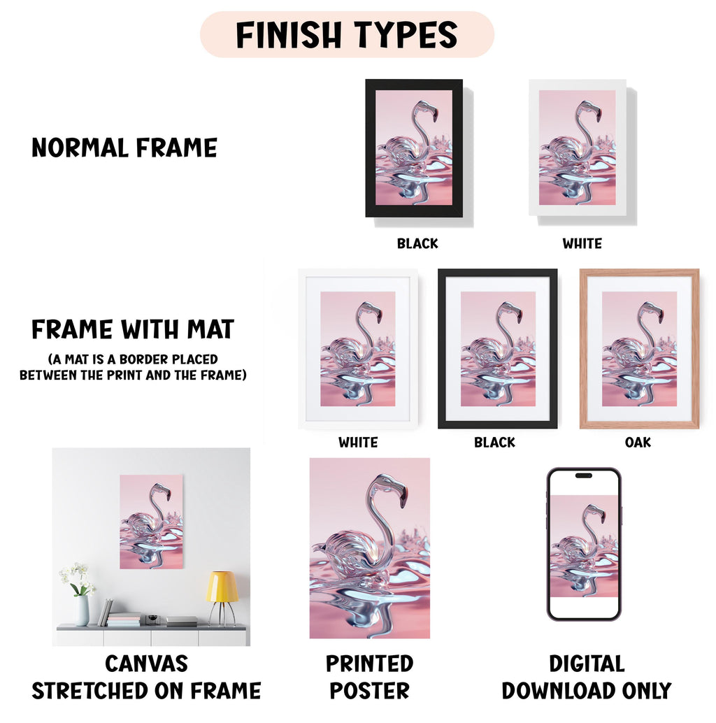 various types of framed artwork, including a normal frame, a frame with a mat, a white frame, a black frame, a white frame, a black frame, an oak frame, a canvas stretched on a frame, a printed poster, and a digital download only.