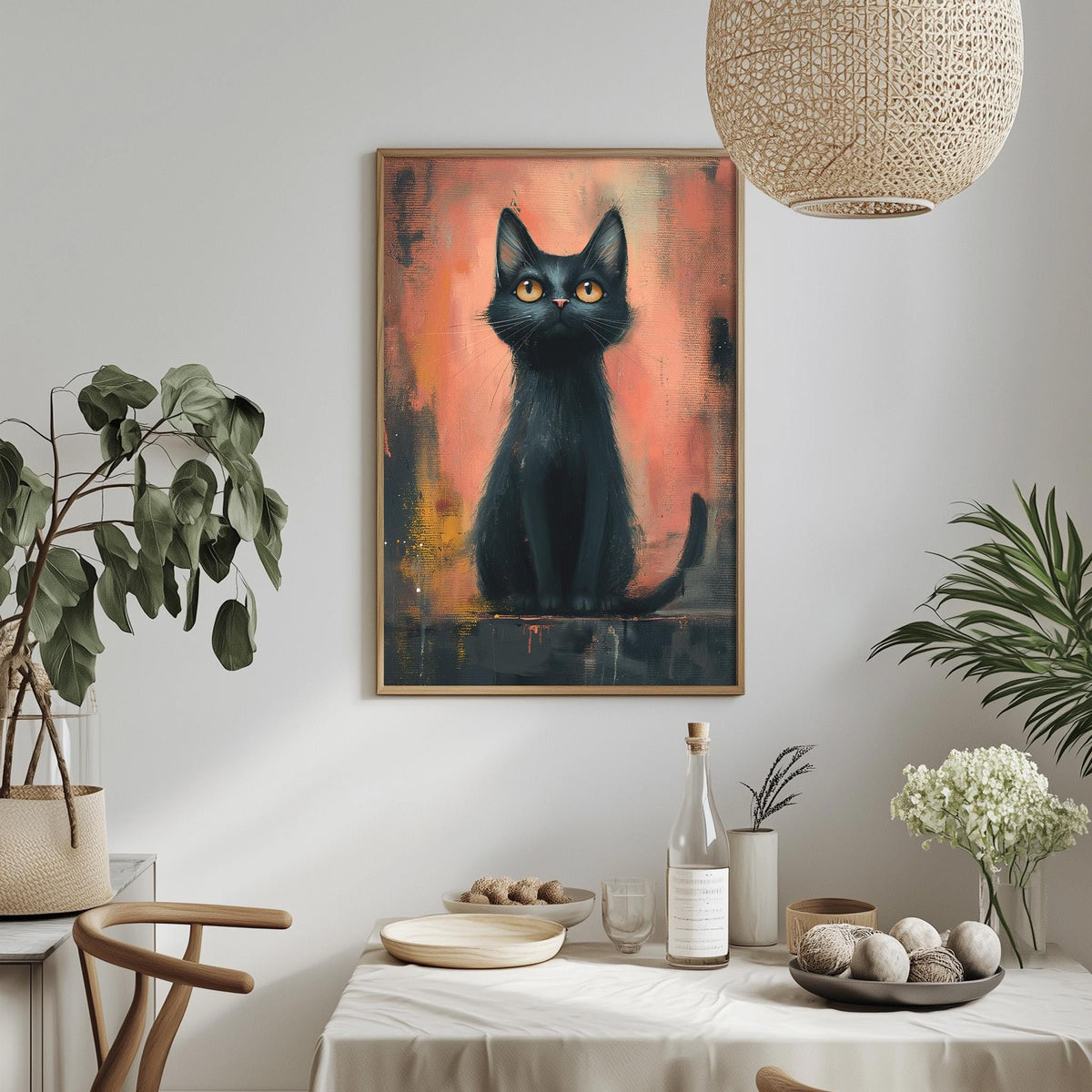 a framed painting of a black cat sitting on a ledge, surrounded by various decorative elements such as plants, a bowl, and a bottle.