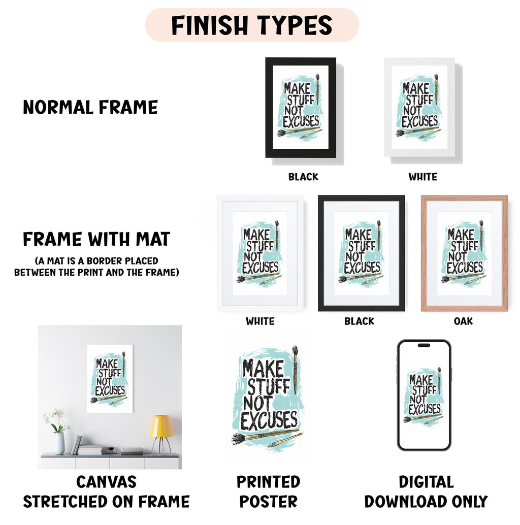 various framed artworks and a canvas with a motivational quote, including different frame types and a digital download option.