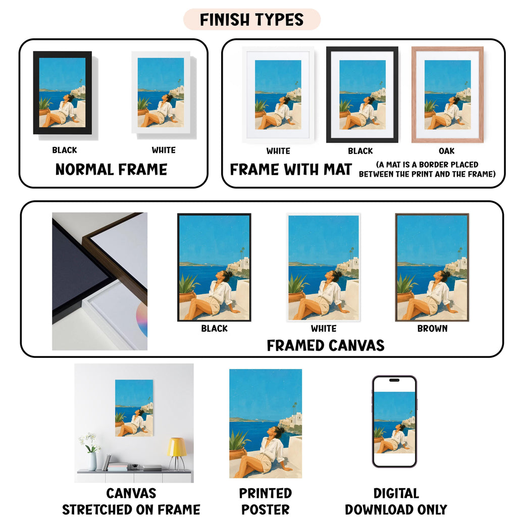 various types of framed artwork, including canvas stretched on a frame, framed canvas, and digital download only. The artwork displays different finishes, such as black, white, and brown, as well as different mat placements between the print and the frame.