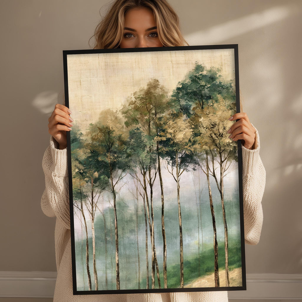 A woman holds up a framed painting of a forest scene, featuring tall trees with green foliage and a misty, hazy background.