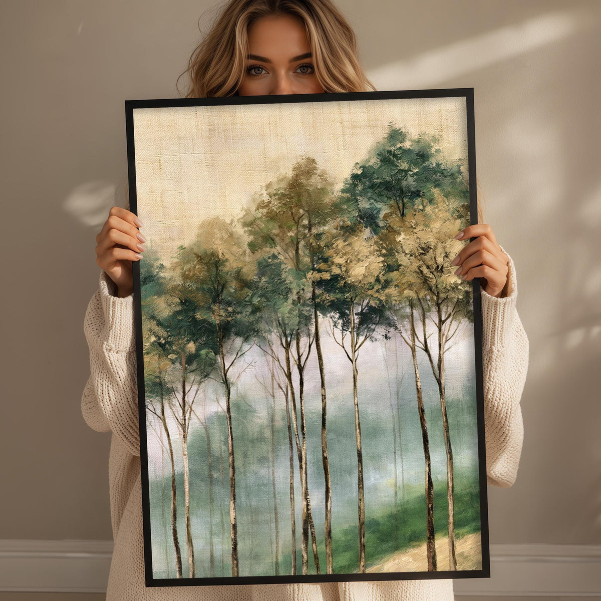 A woman holds up a framed painting of a forest scene, featuring tall trees with green foliage and a misty, hazy background.