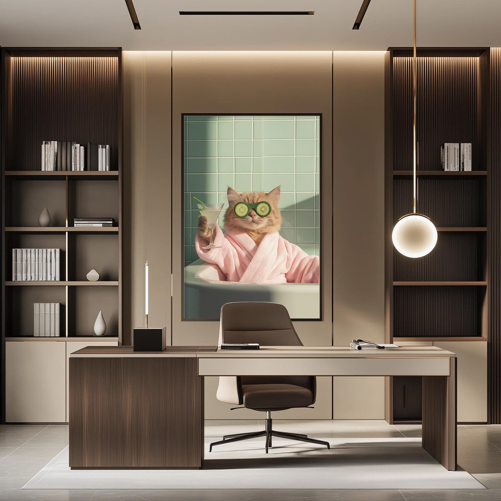 a cat wearing a pink robe and sunglasses, sitting in a bathtub, with a framed picture of the cat on the wall behind a desk.