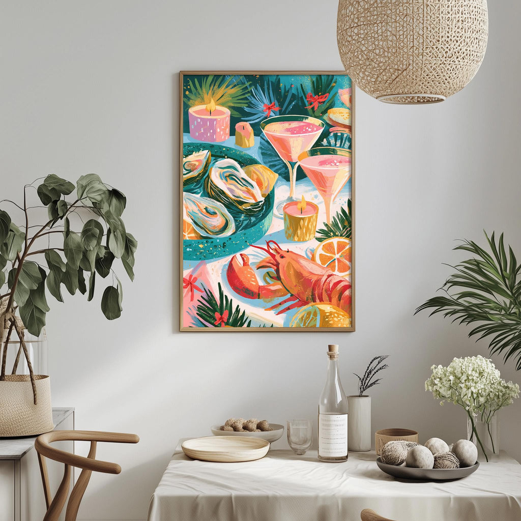 a vibrant and colorful painting of a seafood dish, including a lobster, oysters, and a cocktail glass, hanging on a wall above a dining table.