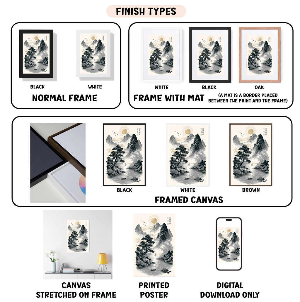 various finish types for a framed artwork, including black, white, black, oak, white, framed canvas, and digital download only. It also displays images of the artwork in different frames and mat colors, as well as a canvas stretched on a frame and a printed poster.