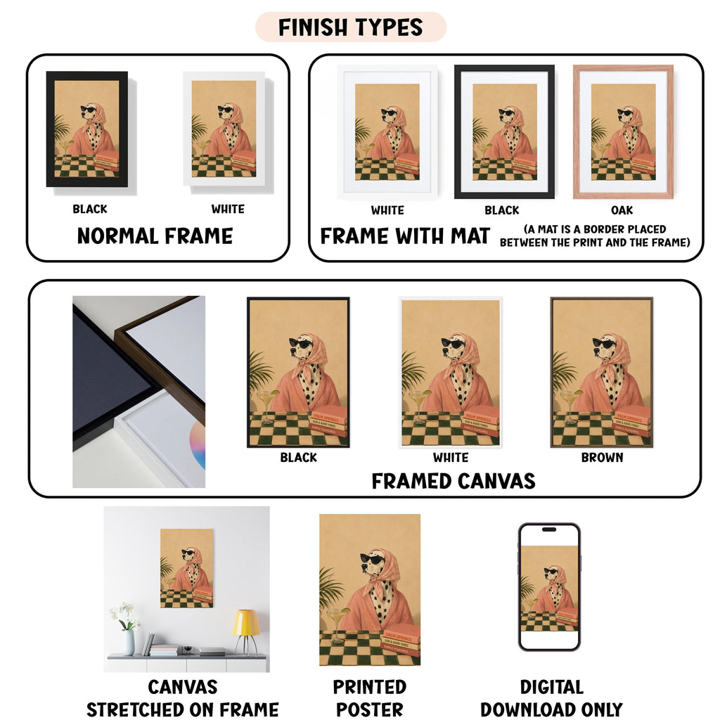 various types of framed artwork, including a canvas stretched on a frame, a framed canvas, and a digital poster. The artwork displays different finishes, such as black, white, and brown, as well as the presence of a mat between the print and the frame. The image also includes a smartphone displaying a framed artwork, and a digital poster. The text in the image provides information about the finishes and the different ways the artwork can be presented.