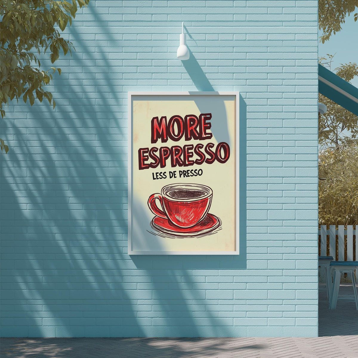 a poster advertising "More Espresso Less Presso" on a blue brick wall.