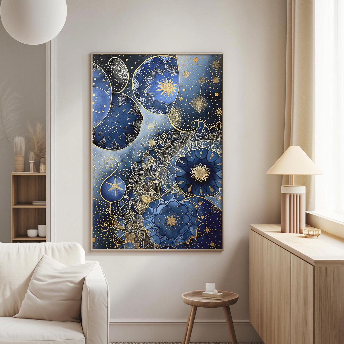 a large, ornate painting hanging on a wall in a living room. The painting is predominantly blue and gold, with intricate patterns and designs. The room has a white sofa, a wooden side table, and a lamp on a table next to the sofa.
