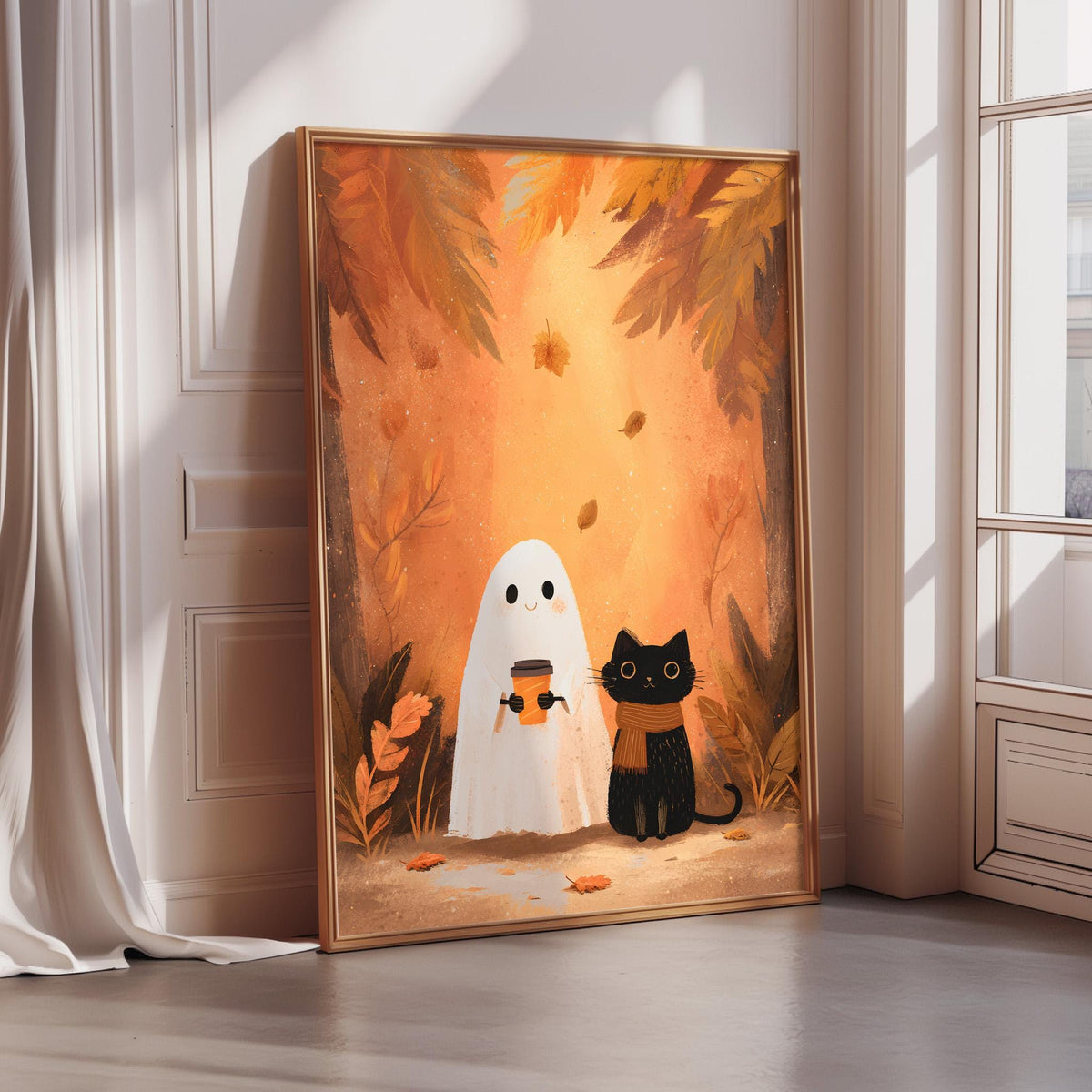 a Halloween-themed painting of a ghost and a black cat, set against a backdrop of autumn leaves.