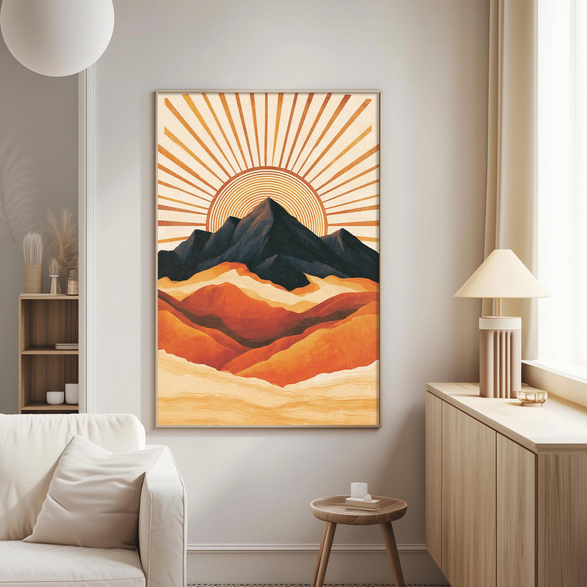 a large framed artwork depicting a mountain landscape with a sunburst design in the background. The artwork is hanging on a wall in a living room setting, with a white couch and a wooden side table nearby.