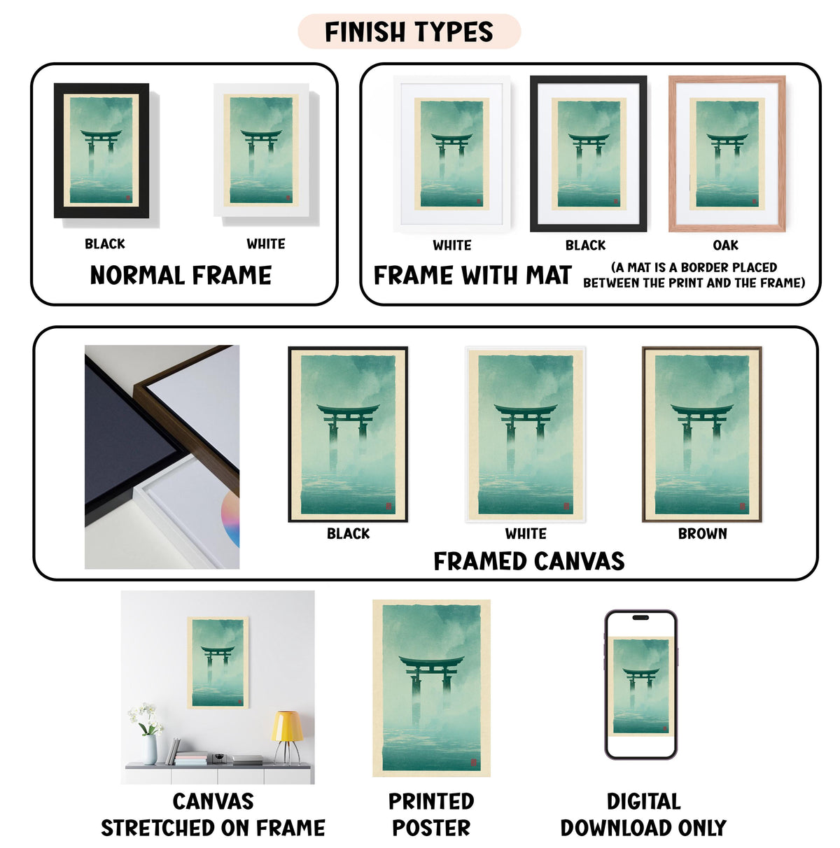 various types of artwork, including framed prints, canvas prints, and digital prints, each with different finishes and frame styles.