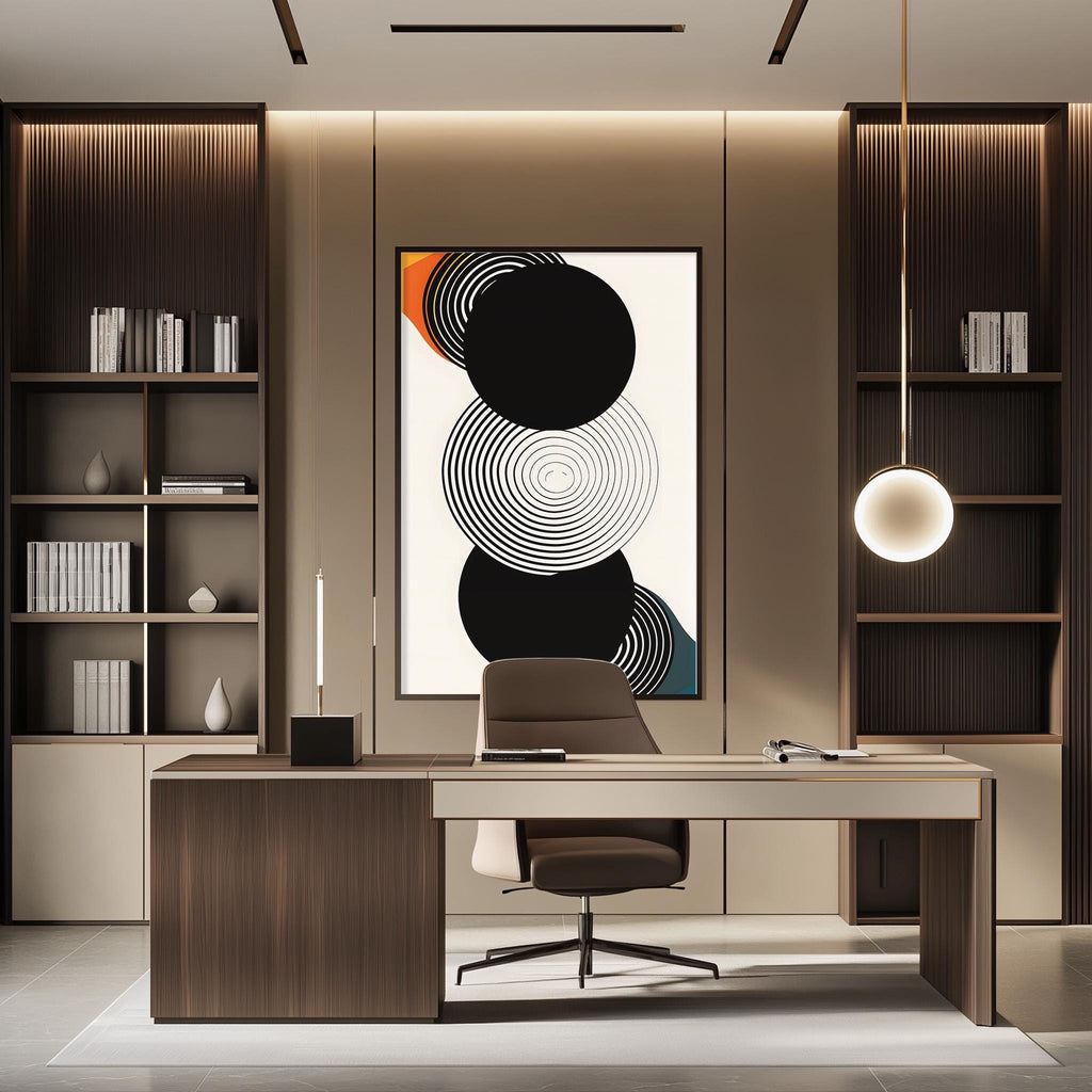 a modern and minimalist office space with a large abstract painting on the wall, a wooden desk with a chair, and built-in bookshelves.