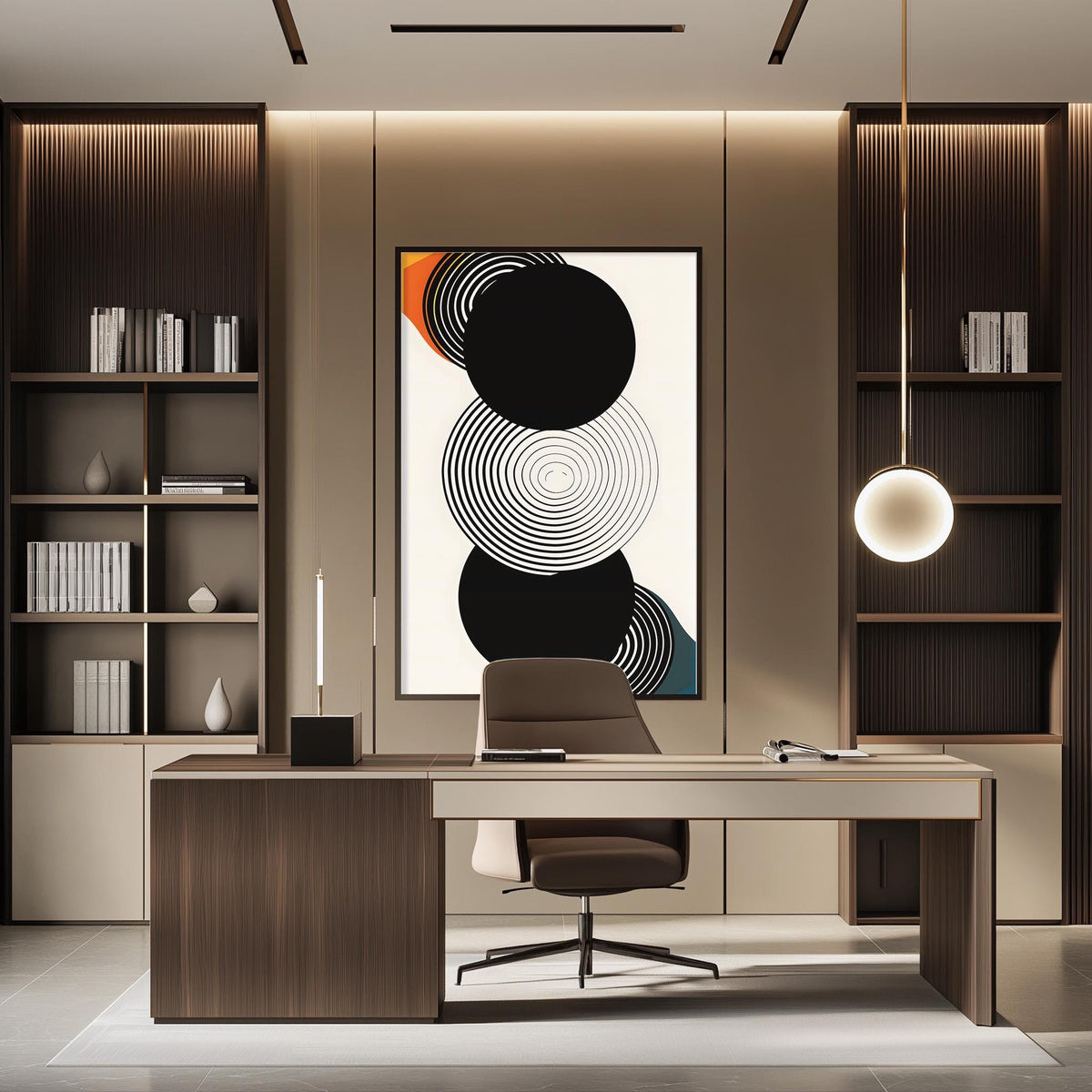 a modern and minimalist office space with a large abstract painting on the wall, a wooden desk with a chair, and built-in bookshelves.