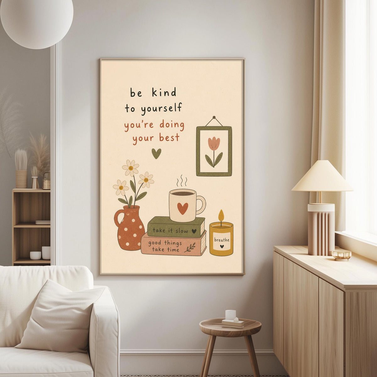 a poster with a motivational message on a wall in a living room setting.