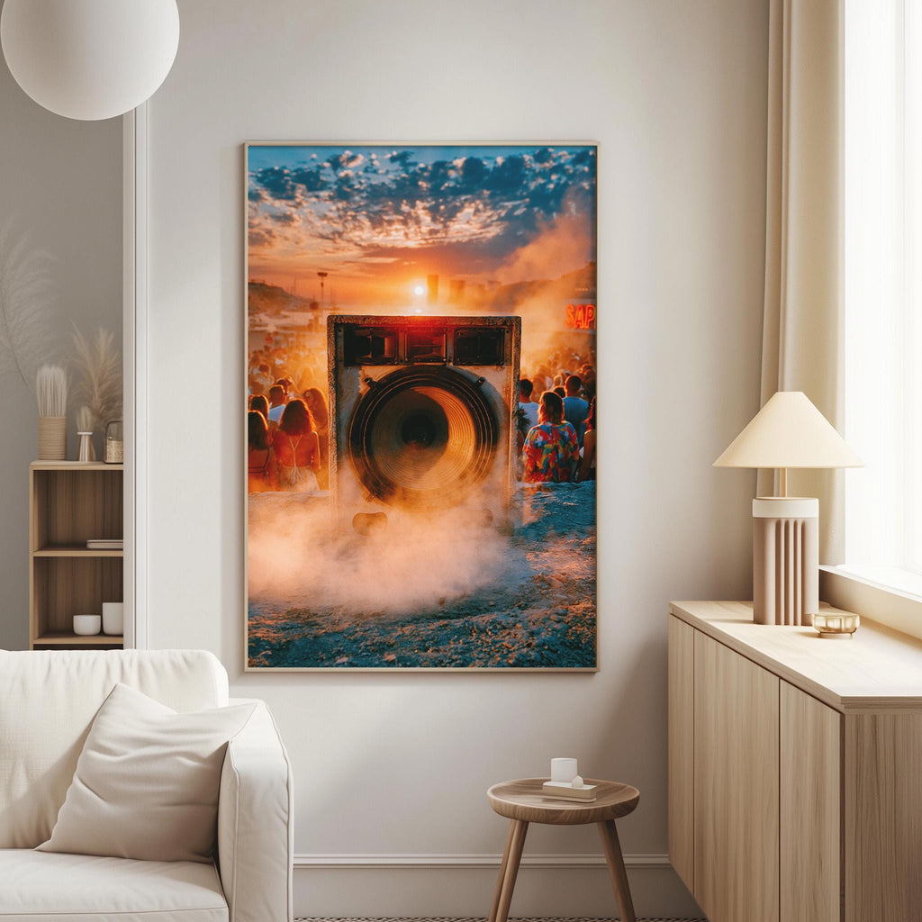 a large framed picture hanging on a wall, depicting a crowd of people in a vibrant, colorful setting with a large speaker in the foreground.