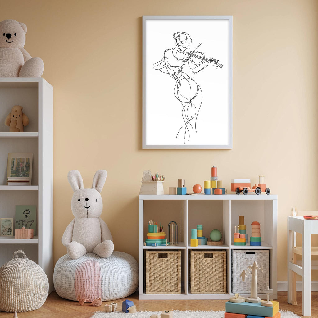 a cozy and colorful children's bedroom with a white bookshelf, a stuffed rabbit, and a framed drawing of a woman playing a violin.