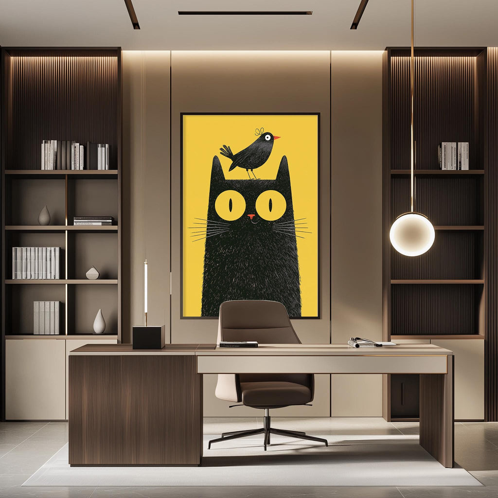 a modern office space with a large framed artwork of a cat and a bird on the wall. The office has a wooden desk, a chair, and a bookshelf filled with books. The overall design and decor create a stylish and contemporary atmosphere.