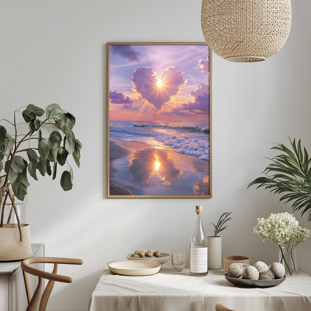 a serene beach scene with a heart-shaped cloud formation in the sky, reflecting on the calm ocean surface. The sun is shining brightly, casting a warm glow on the scene. The image is framed and hung on a wall, creating a focal point in the room.