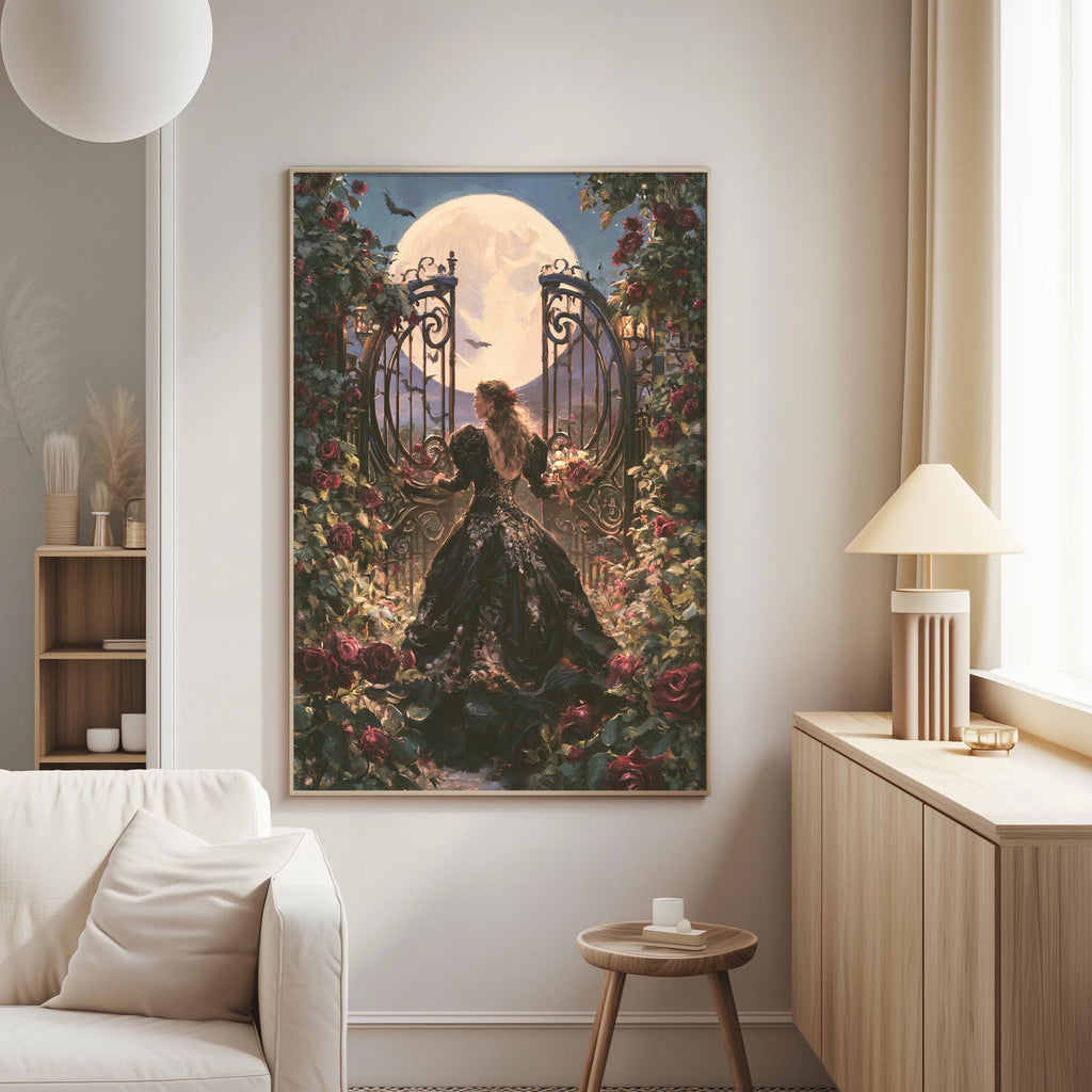 a large painting of a woman in a black dress standing in front of a gate with a full moon behind it, surrounded by flowers and greenery. The painting is hanging on a wall in a living room setting, with a white sofa and a wooden side table nearby.
