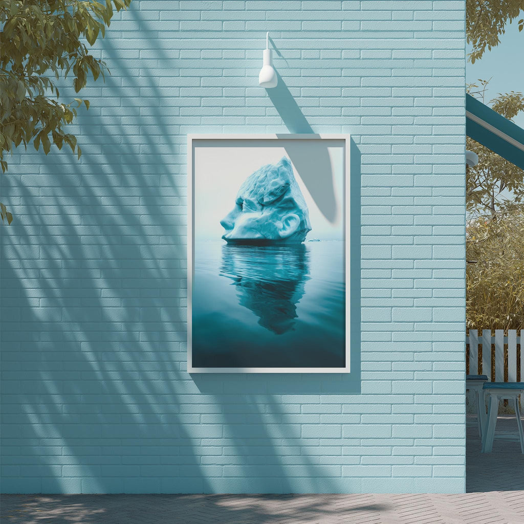 a large, square-shaped painting of a blue iceberg hanging on a light blue brick wall.