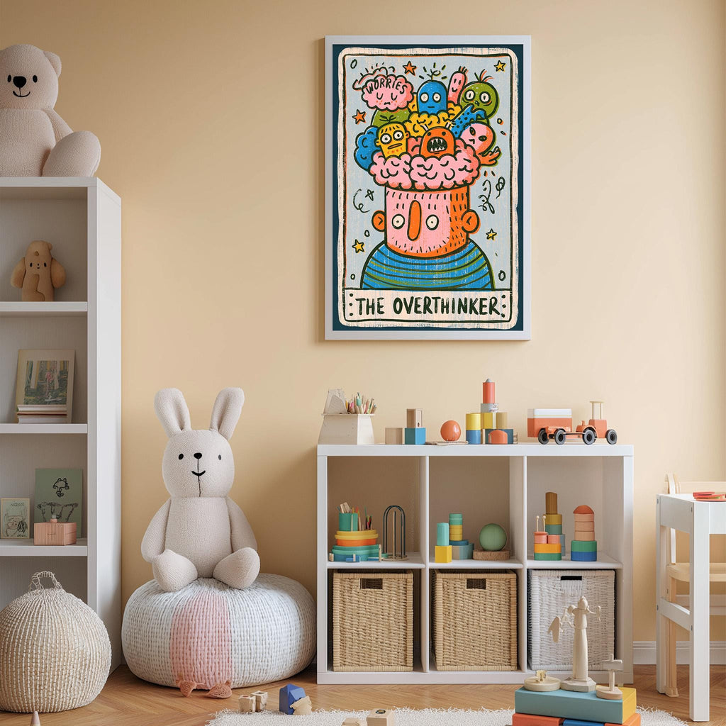 A child's bedroom with a large stuffed rabbit, a bookshelf, and a colorful poster on the wall.