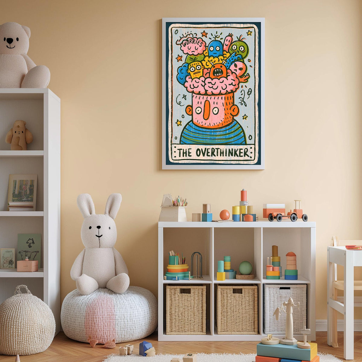 A child's bedroom with a large stuffed rabbit, a bookshelf, and a colorful poster on the wall.