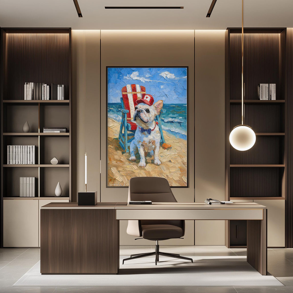 a modern office space with a large painting of a dog sitting in a beach chair on the wall. The office has a wooden desk and chair, and there are bookshelves on either side of the room.
