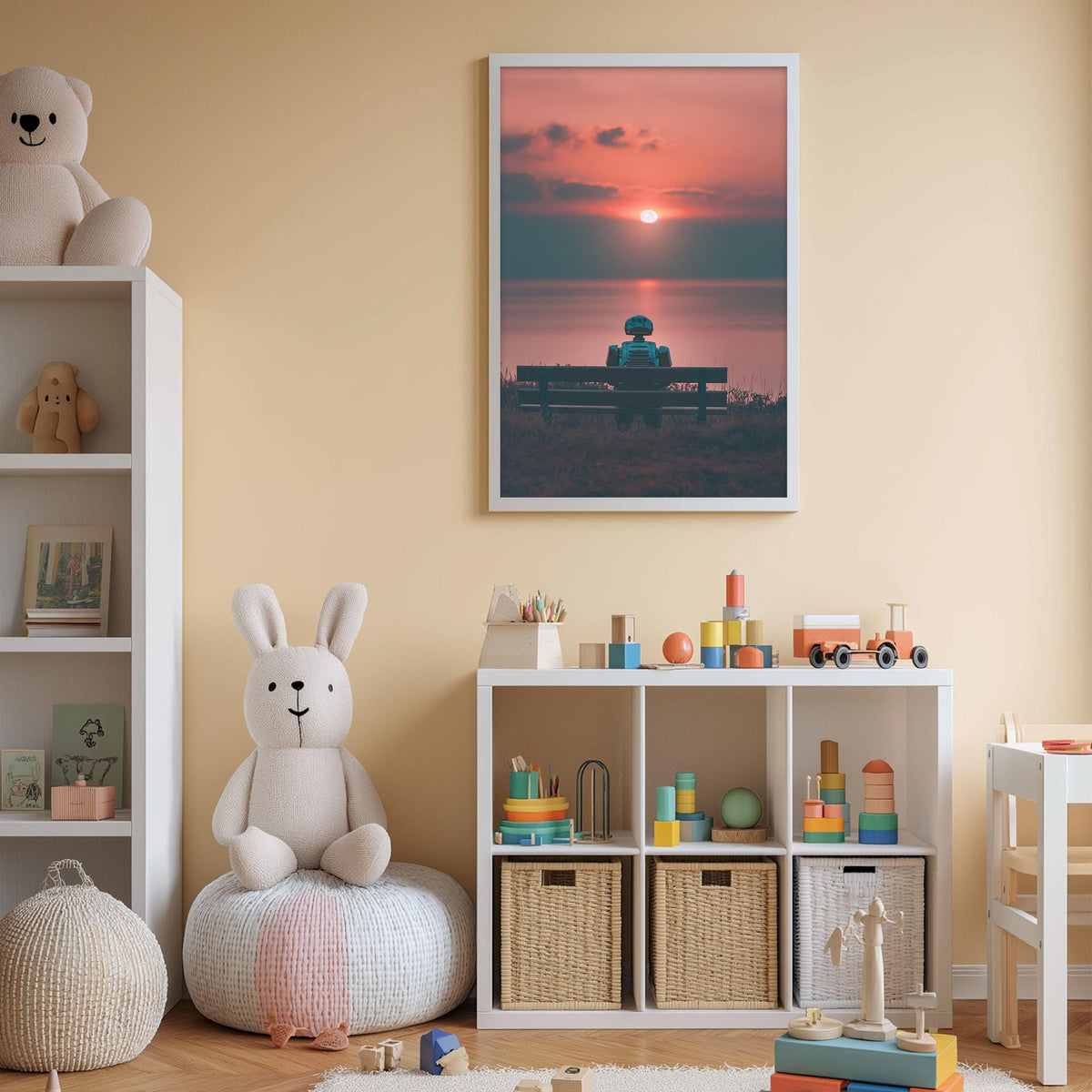A cozy children's room with a large stuffed bunny, a bookshelf, and a toy chest filled with toys. The room has a warm, inviting atmosphere, with a framed picture of a sunset on the wall.