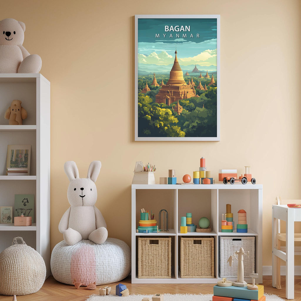 a child's bedroom with a large poster of the Bagan, Myanmar, hanging on the wall. The poster depicts the famous Shwedagon Pagoda, a Buddhist temple in Yangon, Myanmar. The room is filled with various toys and storage containers, creating a cozy and playful atmosphere.