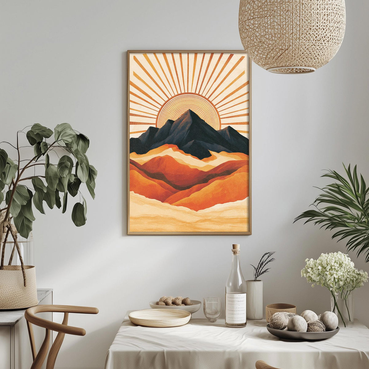 a dining table with a white tablecloth, a bottle, a bowl, and a vase with flowers. Above the table, there is a framed picture of a mountain landscape with a sunburst design.