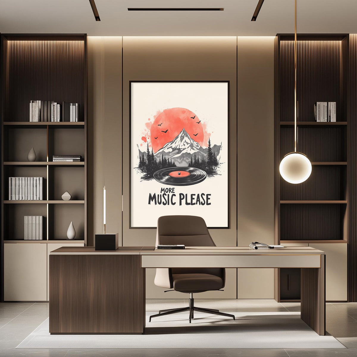 a modern office space with a desk, chair, and bookshelves. A large poster with a mountain landscape and a record player is displayed on the wall, along with the text "MORE MUSIC PLEASE".