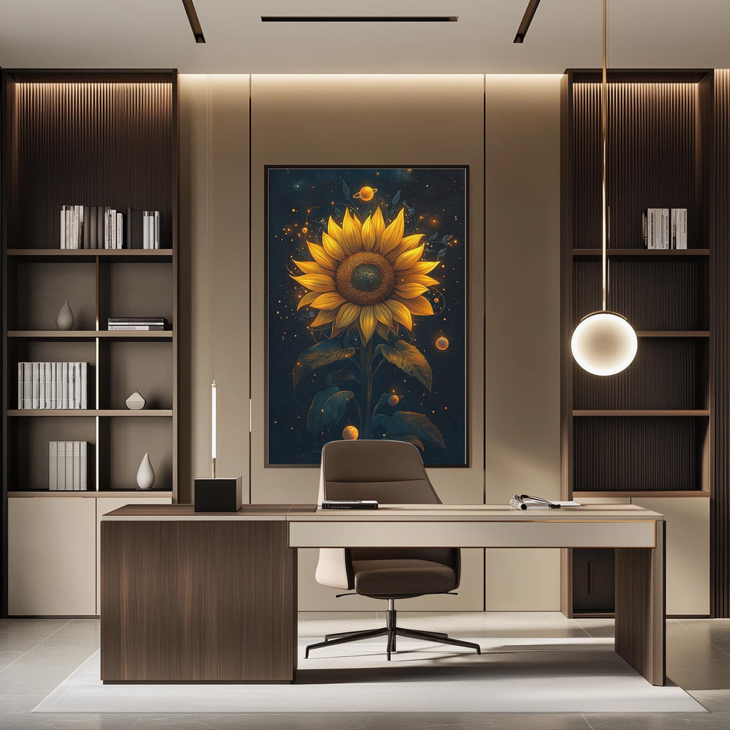 a modern office space with a large, vibrant sunflower painting on the wall behind a desk. The desk is positioned in front of the painting, creating a focal point in the room. The office also features built-in bookshelves and a pendant light, contributing to the overall contemporary design.