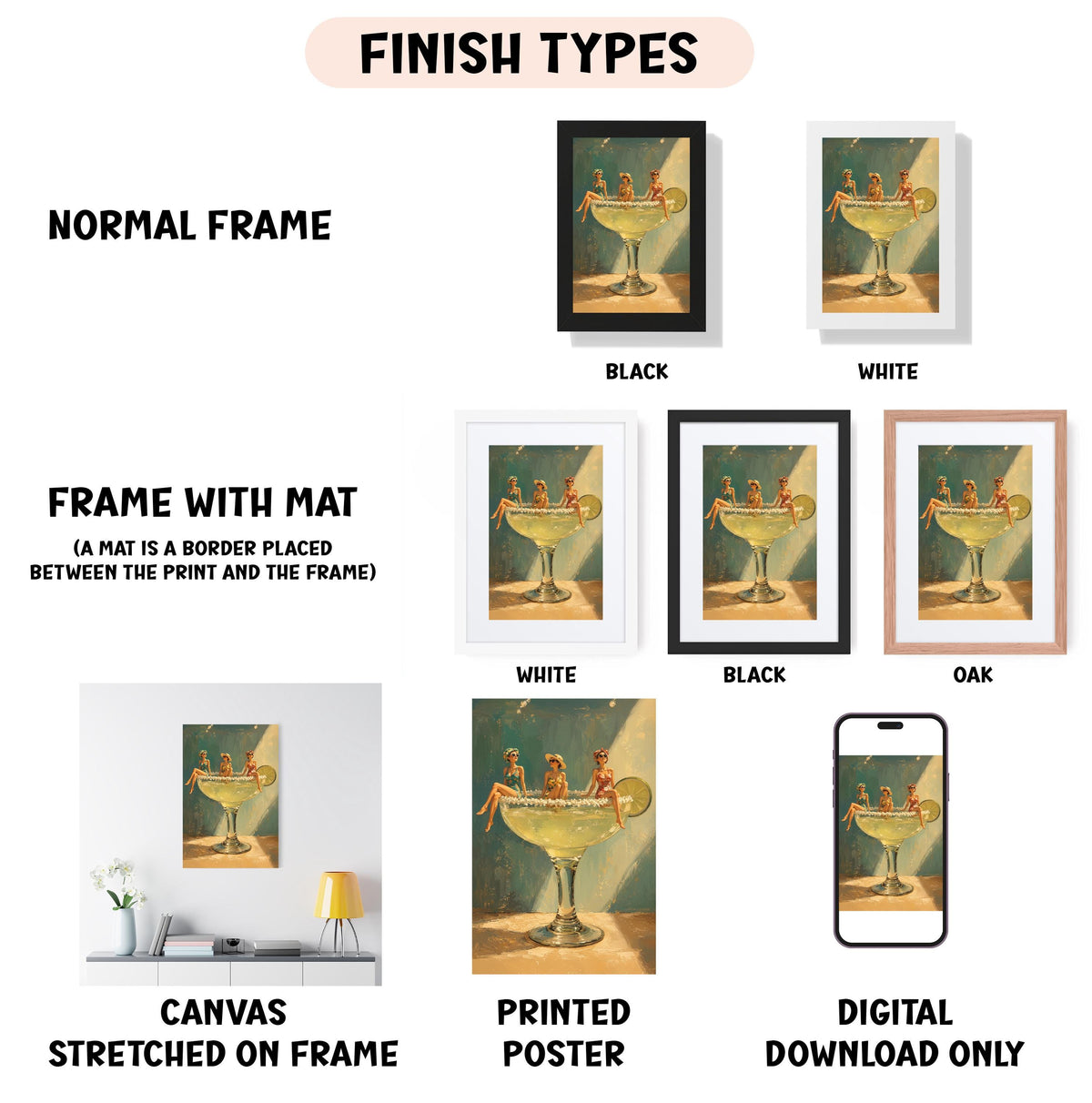various framed artworks, including a painting of a woman in a glass, a black and white photograph of a woman in a glass, and a white and black photograph of a woman in a glass. The artworks are displayed in different frame types, such as a normal frame, a frame with a mat, and a digital poster. The artworks are also described as being printed on canvas and stretched on frame, and some are described as being digital download only.