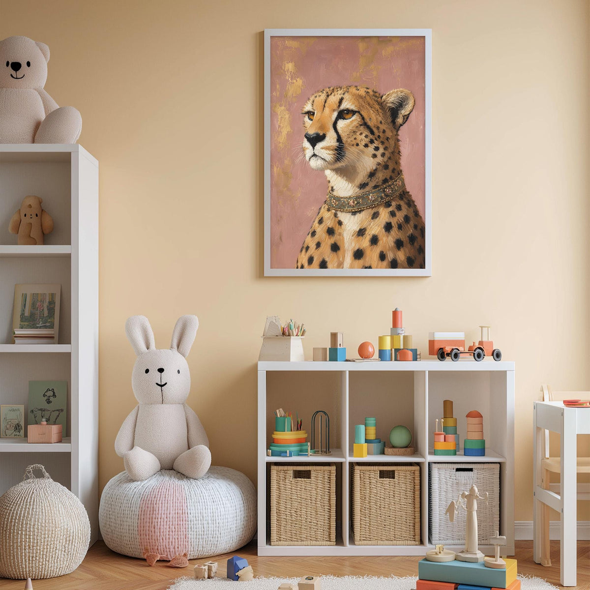 A child's bedroom with a cheetah painting on the wall, a stuffed rabbit, a toy train, and a toy car.