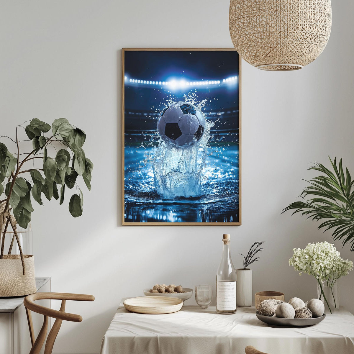 a framed picture of a soccer ball splashing in water, hanging on a wall above a dining table with various items on it.