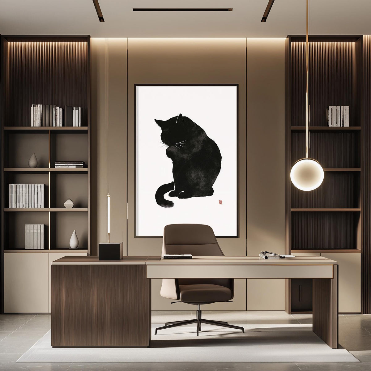 a modern and minimalist office space with a large black cat illustration on the wall, a wooden desk with a chair, and built-in bookshelves.