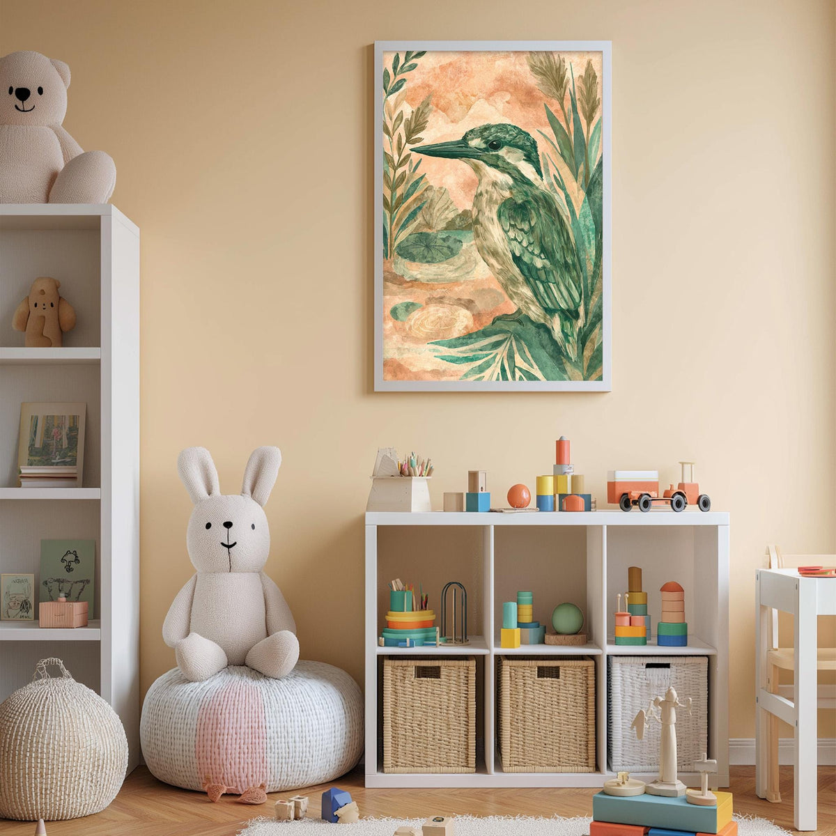 A cozy and colorful children's bedroom with a large stuffed rabbit, a bookshelf, and a toy chest filled with toys. The walls are painted a light peach color, and there is a framed print of a bird on the wall.