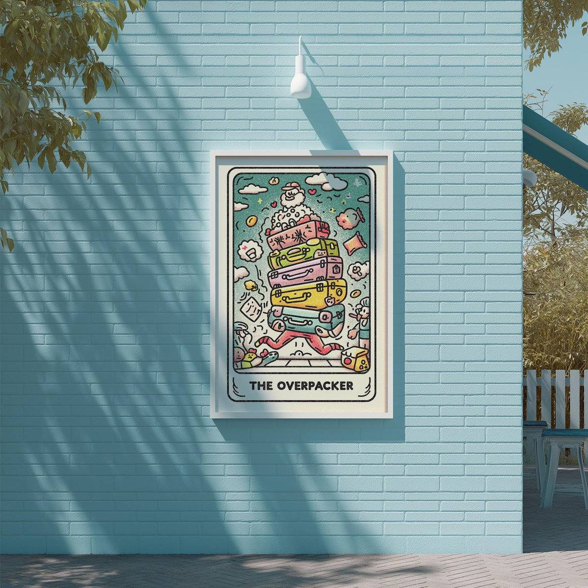 a colorful poster of a tarot card, specifically "The Overpacker", displayed on a blue brick wall.