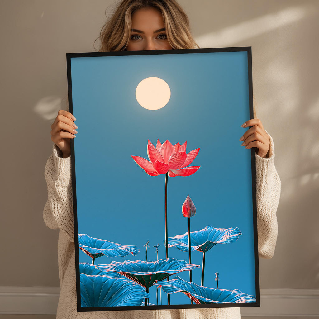 A woman holds up a framed image depicting a large pink lotus flower against a blue sky with a full moon.