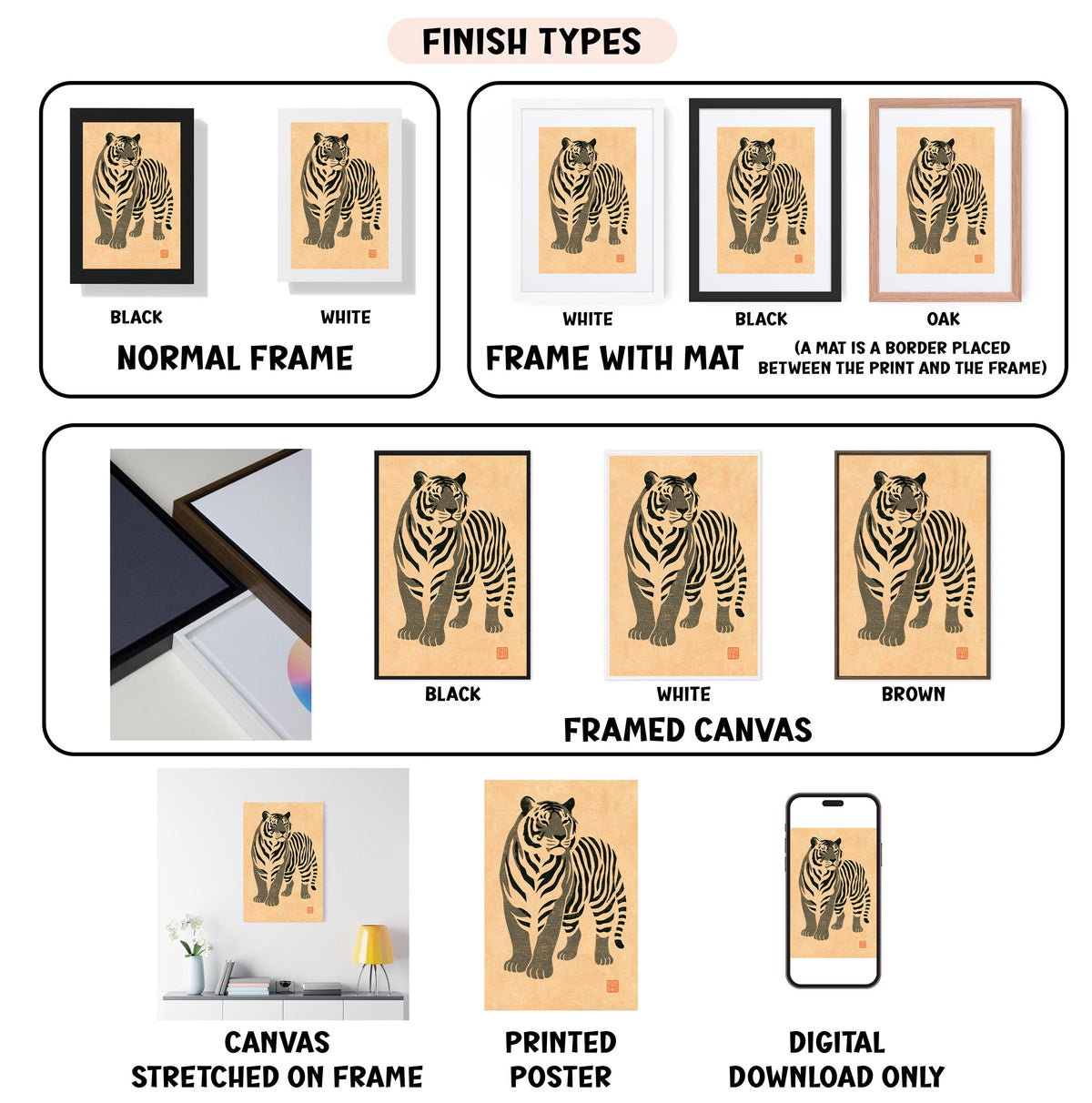 various types of framed artwork, including a tiger illustration, a black and white tiger illustration, a white tiger illustration, a black tiger illustration, a white framed canvas, a framed canvas, a stretched canvas, a printed poster, and a digital download. The artwork is displayed in different frames and sizes, showcasing the versatility of framed art.