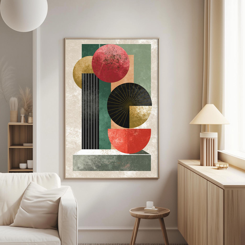 a modern living room with a large abstract painting hanging on the wall. The painting consists of various geometric shapes and colors, including red, green, and black, creating a visually striking composition. The room also includes a white sofa, a wooden side table, and a lamp, contributing to the overall minimalist and contemporary aesthetic.