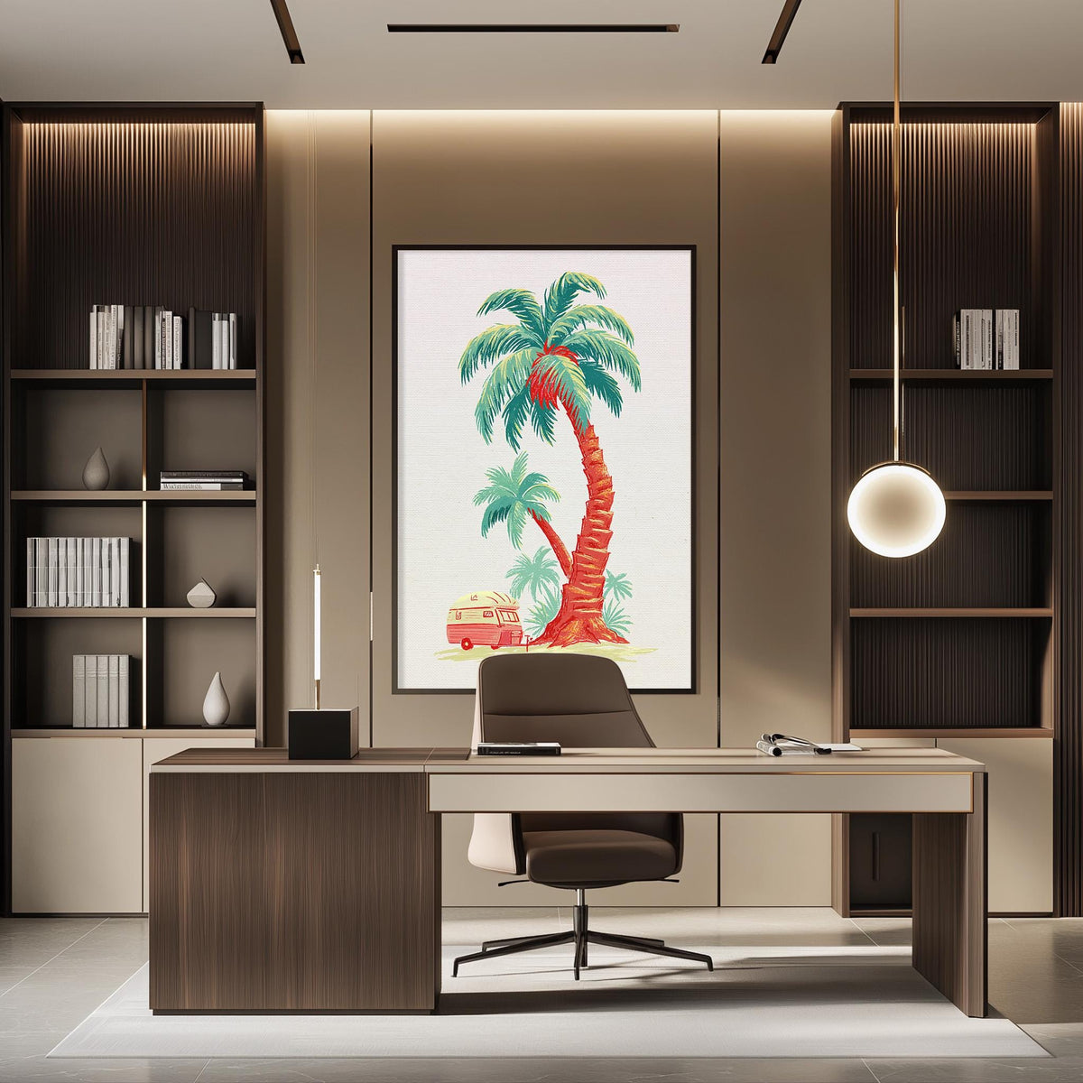 a modern office space with a large framed picture of a palm tree on the wall, a desk with a chair, and built-in bookshelves.
